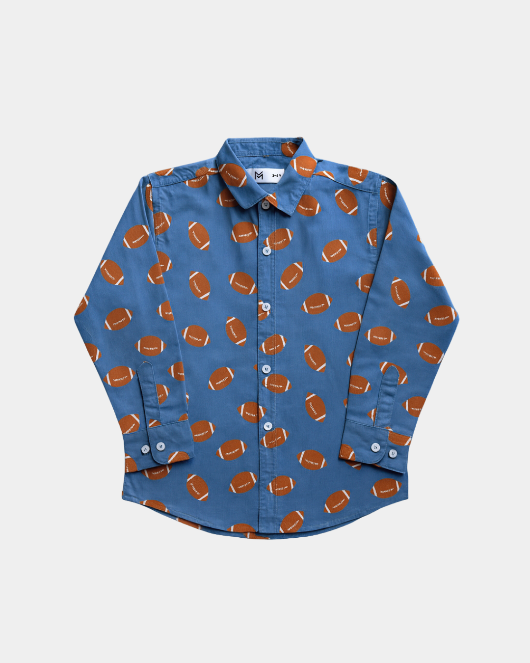 Blue Boys Shirt with Rugby Ball Print - Long Sleeve Button-Down | Size 1-6 years