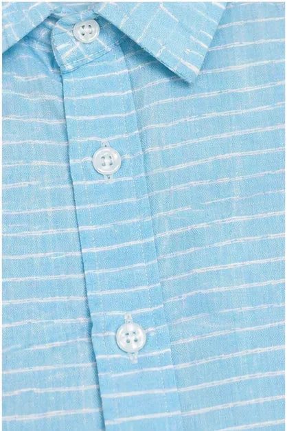 Sky-Blue Striped Button-Down Short-Sleeve Shirt