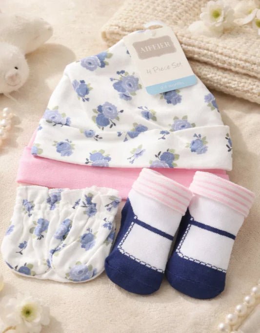 Baby Girl Floral 4-Piece Cap, Mittens & Socks Set