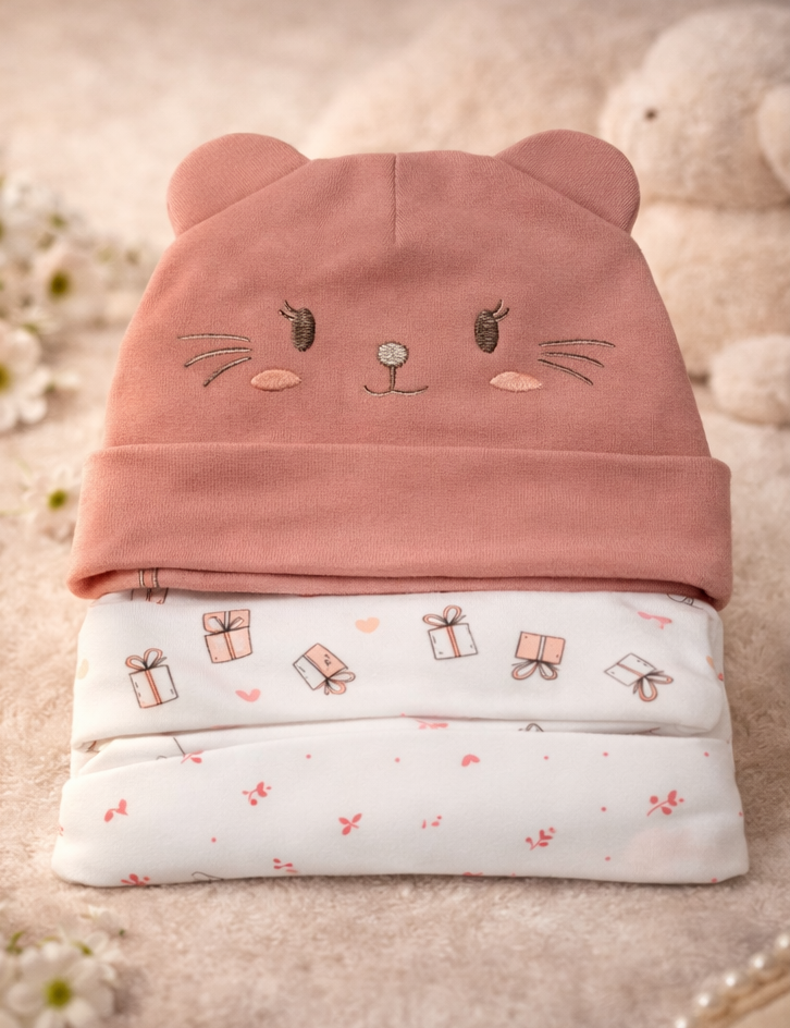 Baby Girl Bear Ear Beanie Set of 3