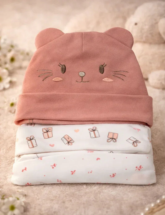 Baby Girl Bear Ear Beanie Set of 3