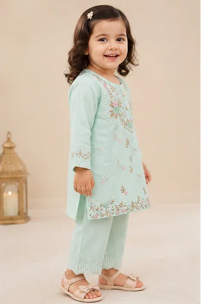 Girls Embroidered Kurta Set – Ferozi blue