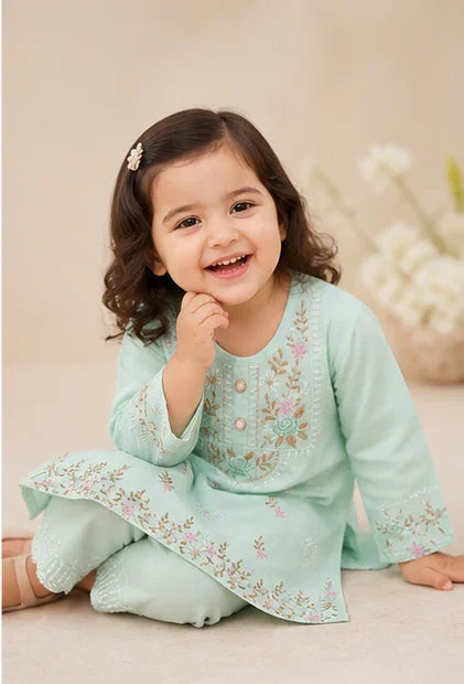 Girls Embroidered Kurta Set – Ferozi blue