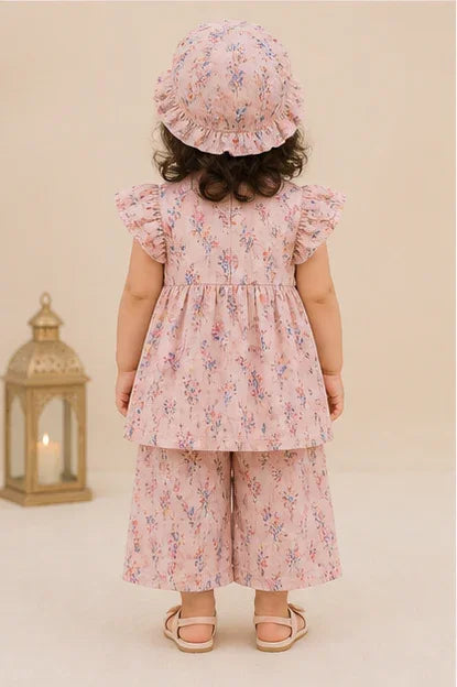 Girls Floral Frill Top & Cap Set – Pink