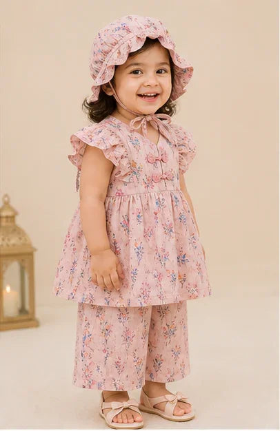 Girls Floral Frill Top & Cap Set – Pink