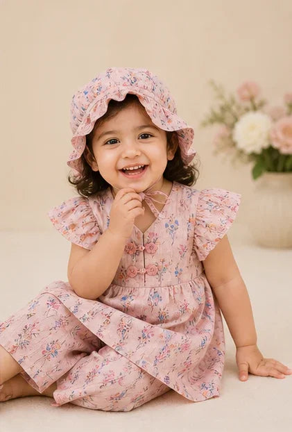 Girls Floral Frill Top & Cap Set – Pink