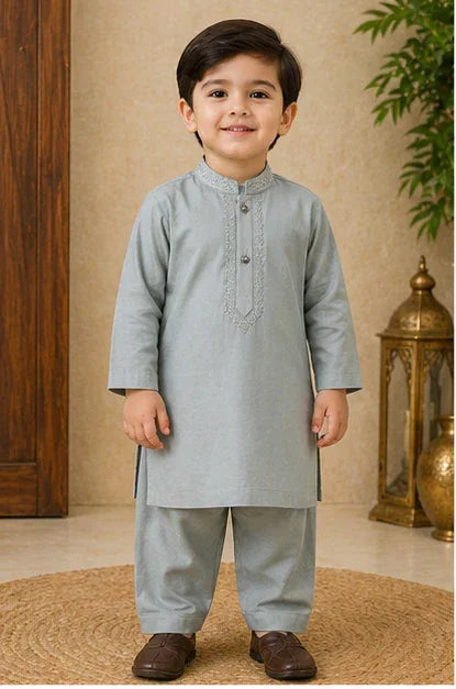 Boys Embroidered Kurta & Shalwar Set – Grey Green