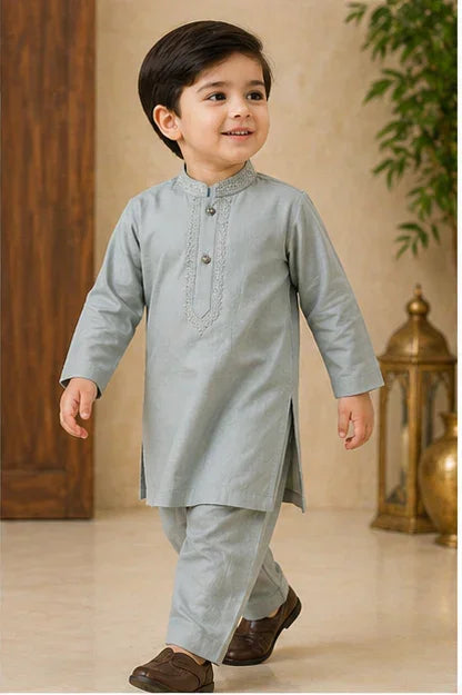 Boys Embroidered Kurta & Shalwar Set – Grey Green