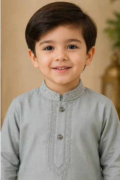 Boys Embroidered Kurta & Shalwar Set – Grey Green