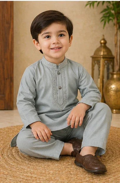 Boys Embroidered Kurta & Shalwar Set – Grey Green