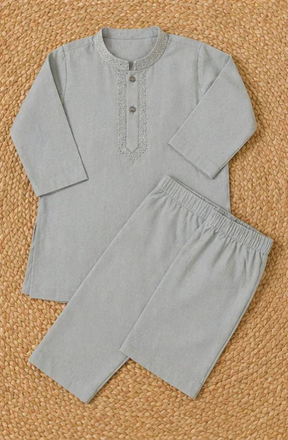Boys Embroidered Kurta & Shalwar Set – Grey Green