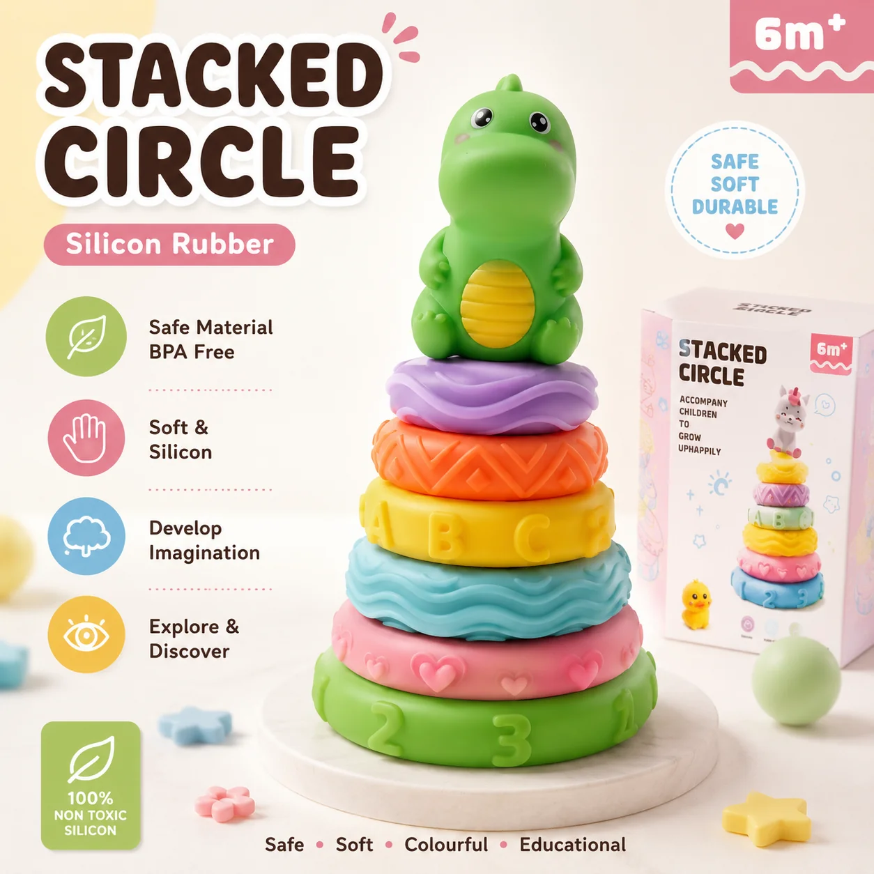 Dinosaur Stacked Circle Educational Ring Stacker Toy for Infants (6M+)