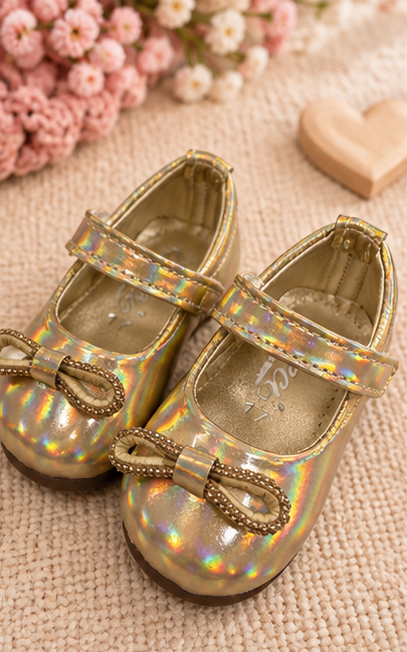 Kids Gold Iridescent Mary Jane Shoes with Bow and Strap, Sizes 15 to 20