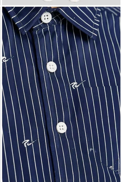 Navy Pinstripe Button-Down Short-Sleeve Shirt