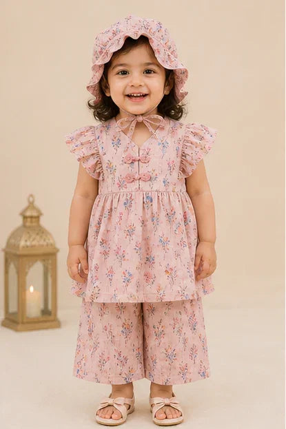 Girls Floral Frill Top & Cap Set – Pink