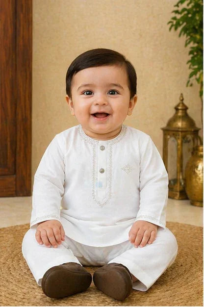 Baby Boys Embroidered Kurta & Shalwar Set – White