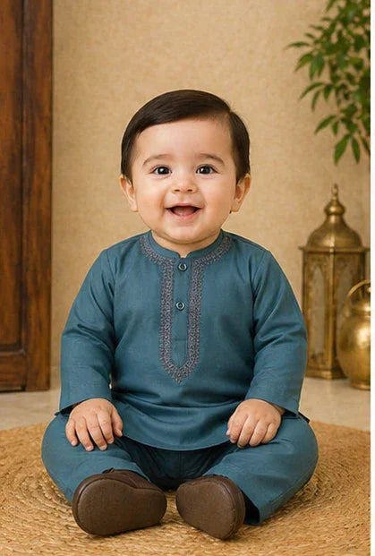Baby Boys Embroidered Kurta & Shalwar Set – Zinc Green