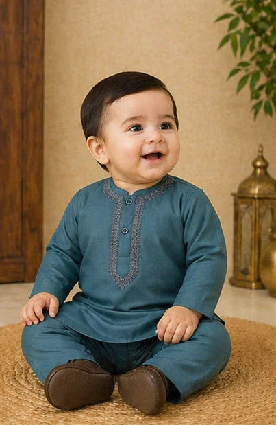Baby Boys Embroidered Kurta & Shalwar Set – Zinc Green