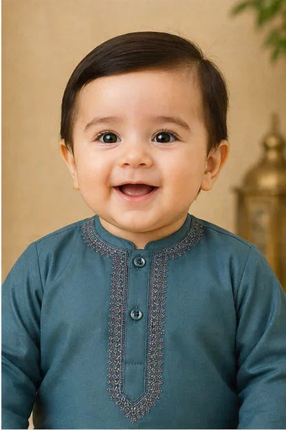 Baby Boys Embroidered Kurta & Shalwar Set – Zinc Green
