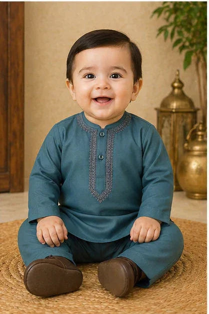 Baby Boys Embroidered Kurta & Shalwar Set – Zinc Green