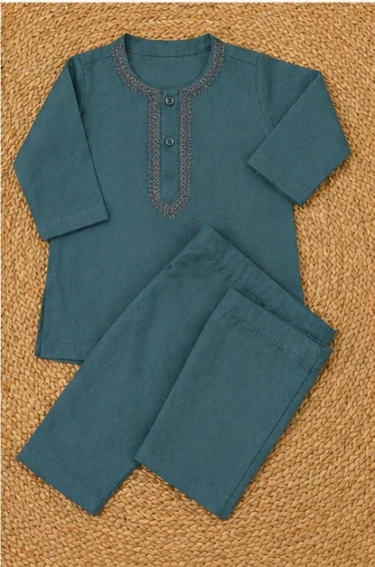 Baby Boys Embroidered Kurta & Shalwar Set – Zinc Green